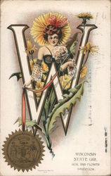 Wisconsin State Girl Seal and Flower Dandelion Postcard