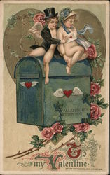 To My Valentine -- Cupid & Woman Sitting on Mailbox Postcard