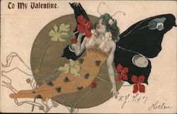 To My Valentine Fantasy Butterfly Woman Art Nouveau Postcard