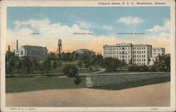 Campus Scene, K.S.C.- Library, Vetinary Hall, Agricultural Building Manhattan, KS Postcard Postcard Postcard