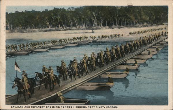 Cavalry and Infantry Crossing Pontoon Bridge Fort Riley, KS Postcard
