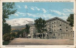 Acacia Hotel, Pike's Peak in Distance Postcard
