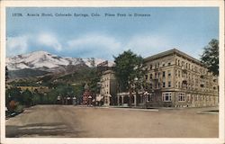 Acacia Hotel - Pikes Peak in Distance Postcard