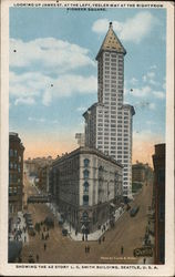 L.C. Smith Building, Up James Street at Left, Yesler Way at Right from Pioneer Square Postcard