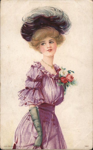 Lady wearing purple dress with flower and flowy hat New York