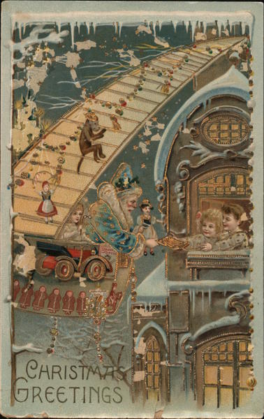 Rare: Blue Santa in Flying Machine Delivering Toys London United Kingdom