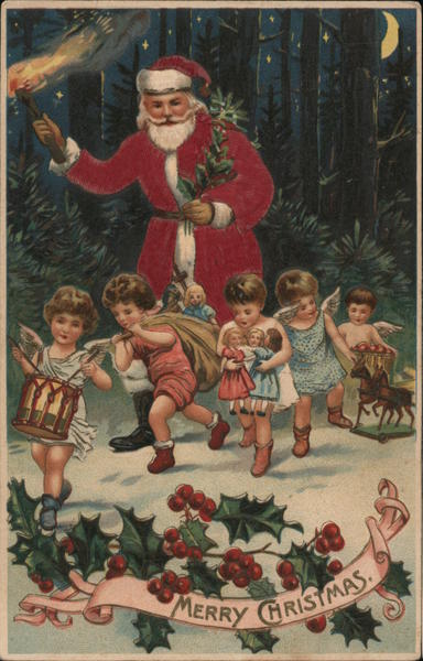 Merry Christmas Santa and children in a dark forest
