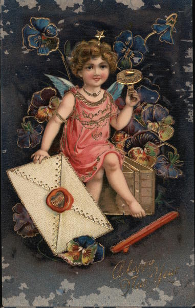 Girl Angel Holding Letter with Pansies Girls