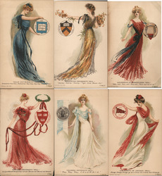 Complete Set of 6 College Girls & Pennants Ivy League Postcard