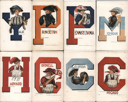 Set of 8 Ivy League College Girls in Letters, Muffs Postcard