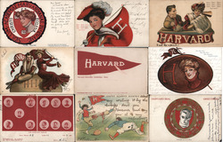 Lot of 9 Harvard University College Girls, Pennants, Flags, Football, Mascots Postcard