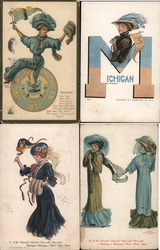 Lot of 4 University of Michigan College Girls, Pennants, Flags, Football, Mascots Postcard Postcard Postcard