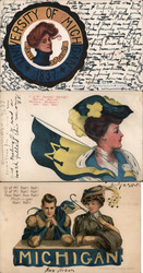 Lot of 3 University of Michigan College Girls, Pennants, Flags, Football, Mascots Postcard