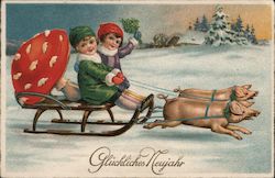Happy New Year Children with Toadstool on Sled Pulled by Pigs Postcard