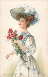 A Woman in a white dress and large hat holding roses. Postcard