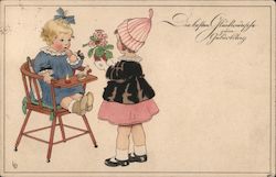 Girl giving flowers to the baby Postcard