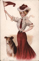 Harvard or Cornell Red & White College Girl & Mascot Postcard