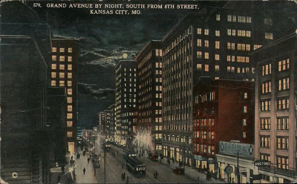 Grand Avenue by Night, South from 8th Street Kansas City Missouri