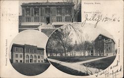 Normal Library, Training School, and Kansas State Normal Postcard