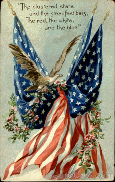 The clustered star and the steadfast bars, The red, the white, and the blue!