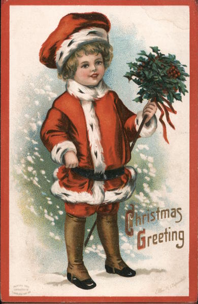 Christmas Greetings: Little boy with holly on a stick