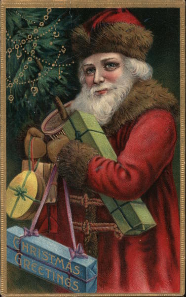 Christmas Greetings - Santa with an armful of toys