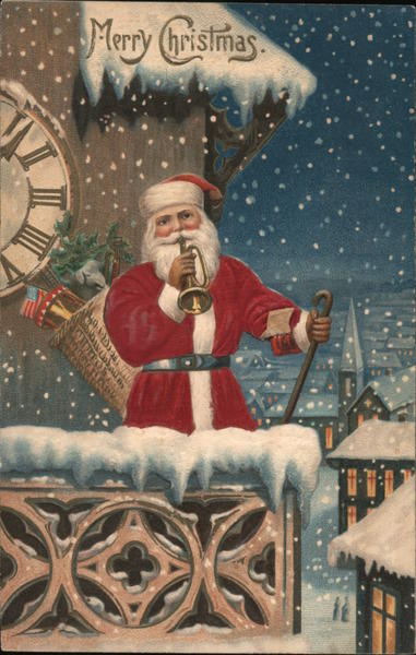 Merry Christmas: Santa blows a trumpet while standing on a balcony