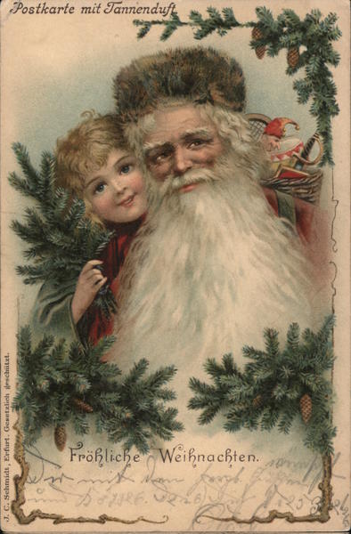 Frohliche Weihnacthten - Postkarte mit Tannenduft [Postcard with Fir Fragrance] - Santa with Child