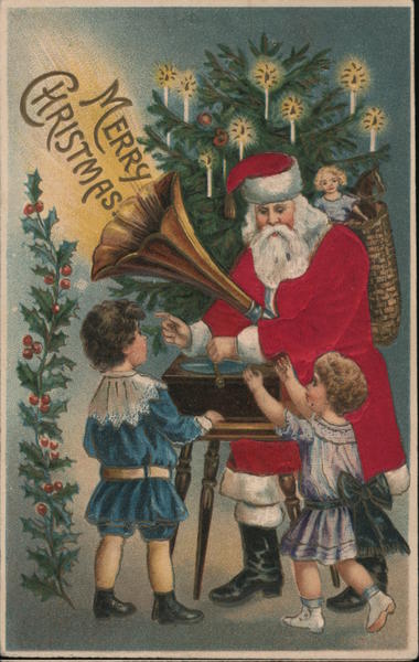Merry Christmas From Gramophone Speaker Santa Claus Tree Children Holly