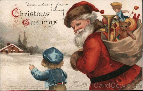Christmas Greetings - Santa with bag of toys and little boy
