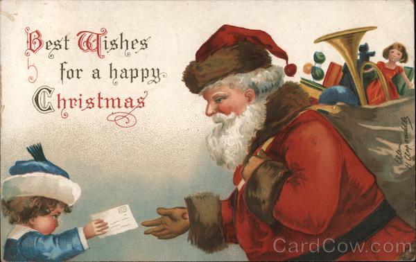 Best Wishes for a happy Christmas child giving Santa a letter