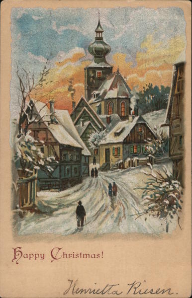 Happy Christmas -- snowy picturesque village, people out walking