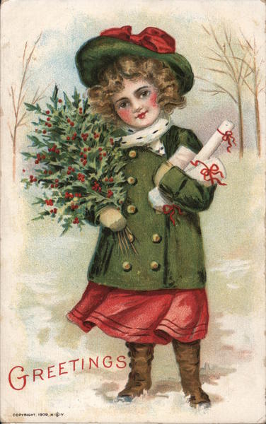 Greetings - Girl festooned in Christmas garb carrying holly and scrolls