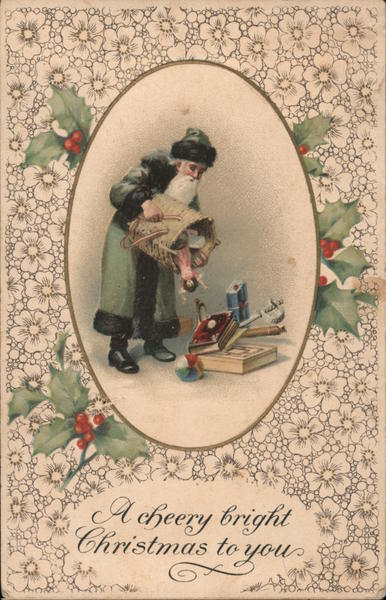 Christmas - Santa, toys in vignette on floral background