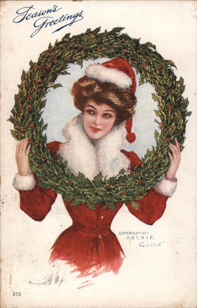Season's Greetings - A Woman in a Santa Hat with a Wreath