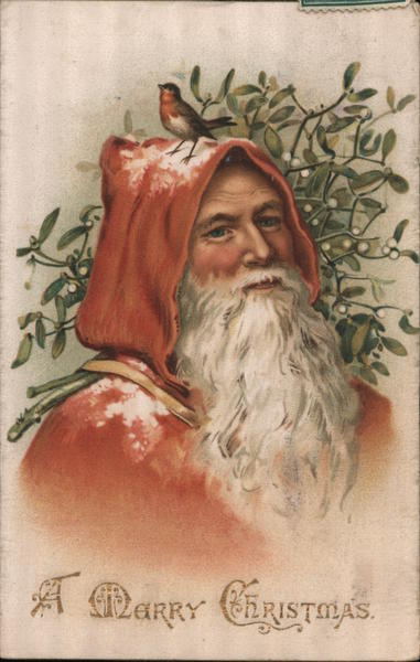 A Merry Christmas-Santa with a little bird on his head.
