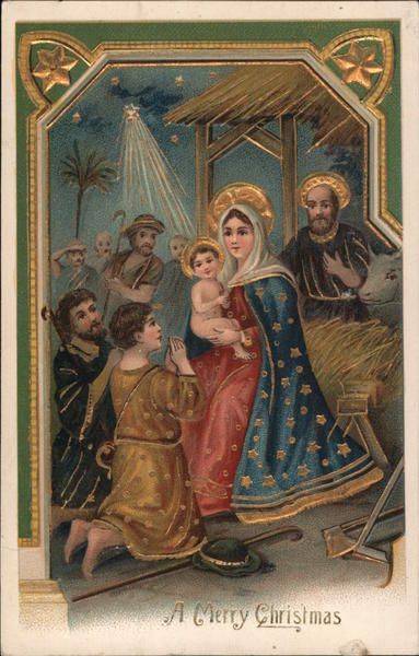 A Merry Christmas - Mary, Joseph, and Baby Jesus in stable with shepherds worshipping Jesus