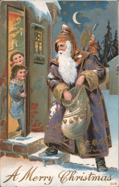 Purple Saint Nicholas at door. Boy and Girl greeting him