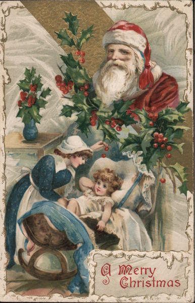 A Merry Christmas - Santa, a mother, a baby in a rocking cradle