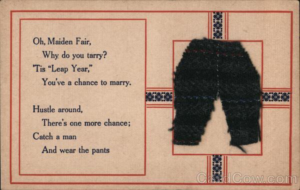 Rhyme Aimed for Women about Leap Year and Marriage Decorated with Fabric Pants applique