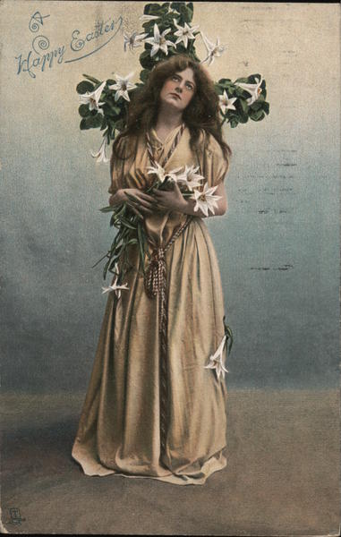 A Happy Easter - woman in long dress in front of cross with flowers