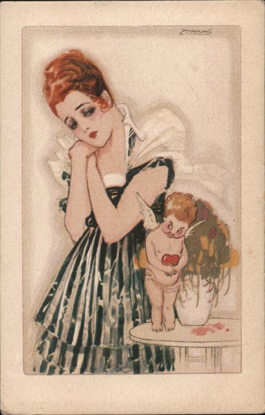 Sad Woman looking at mean Cupid who is holding heart next to himself