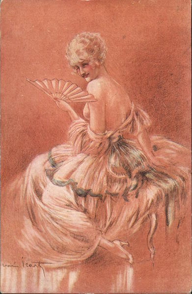Beautiful woman in fancy dress, with fan, partly exposed chest but acting demure