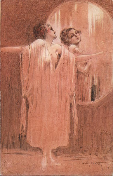 L'Eternel Feminin (Sanguines) - Woman with bare breast looking at her reflection in a mirror