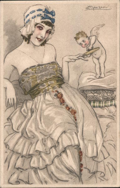Lounging woman with Cupid Mauzan Artist Signed