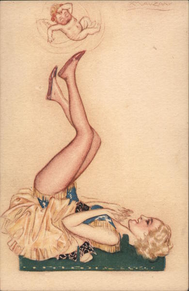 Circus woman on her back rolling a cherub with her feet