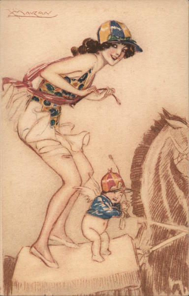 Woman Angel Jockey Caps Horse Mauzan Artist Signed
