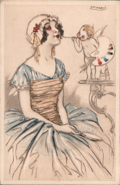 Cupid Holds A Palette And Paints A Lady's Face Mauzan