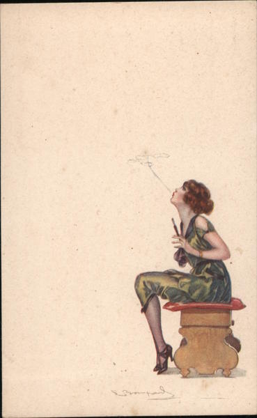 A Woman Smoking a Cigarette Artist Signed
