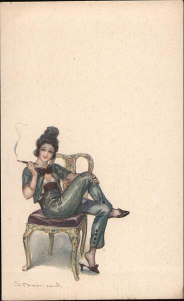 Woman Smoking, Sitting on Chair Artist Signed